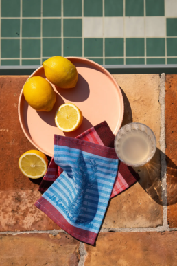 Photographie de linge basque de la nouvelle collection des Tissages Moutet, dans une ambiance bord de piscine.